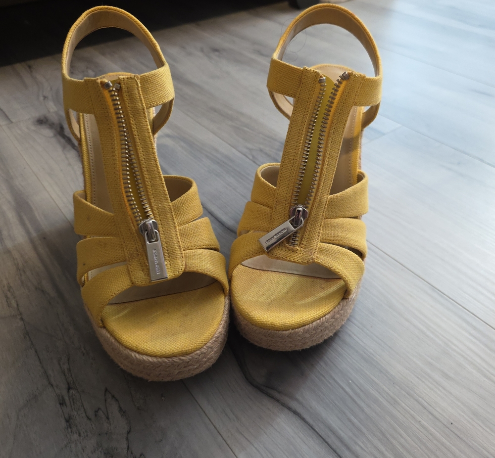 Michael Kors Yellow Canvas Espadrille Wedge Sandals with Front Zipper